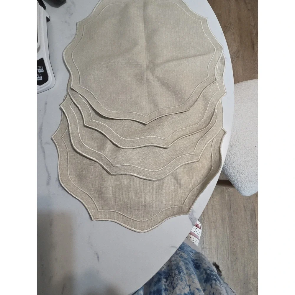 Set of 4 Beige Scalloped Linen Look Embroidered Placemats 15